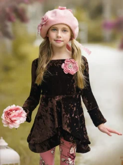 Cute Crushed Velvet Sidetail Tunic & Legging Set -Kid's Apparel Sales GFSEB119 Brown 1