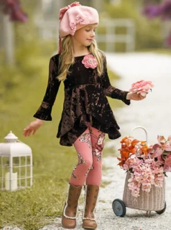 Cute Crushed Velvet Sidetail Tunic & Legging Set -Kid's Apparel Sales GFSEB119 Brown 3