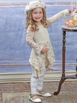 Crème Lace Sidetail Tunic & Legging Set -Kid's Apparel Sales GFSEB122 Cream 4