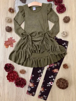 Olive Obsessed Drawstring Ruffle Tunic & Legging Set