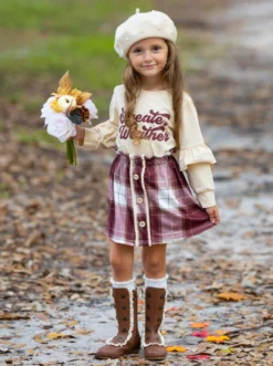Sweater Weather Time Plaid Skirt Casual Set 8 Sweater Weather Time Plaid Skirt Casual Set -Kid's Apparel Sales GFSEC004 Beige 11 scaled