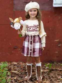 Sweater Weather Time Plaid Skirt Casual Set 9 Sweater Weather Time Plaid Skirt Casual Set -Kid's Apparel Sales GFSEC004 Beige 17 scaled