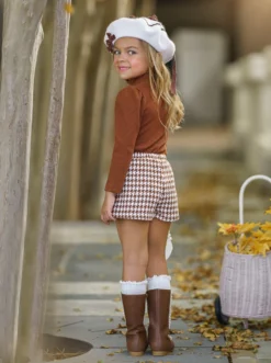OOTD-Ready Brown Turtleneck Top & Houndstooth Skort Set -Kid's Apparel Sales GFSEC011 Brown 3