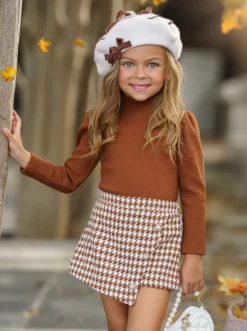 OOTD-Ready Brown Turtleneck Top & Houndstooth Skort Set -Kid's Apparel Sales GFSEC011 Brown 5