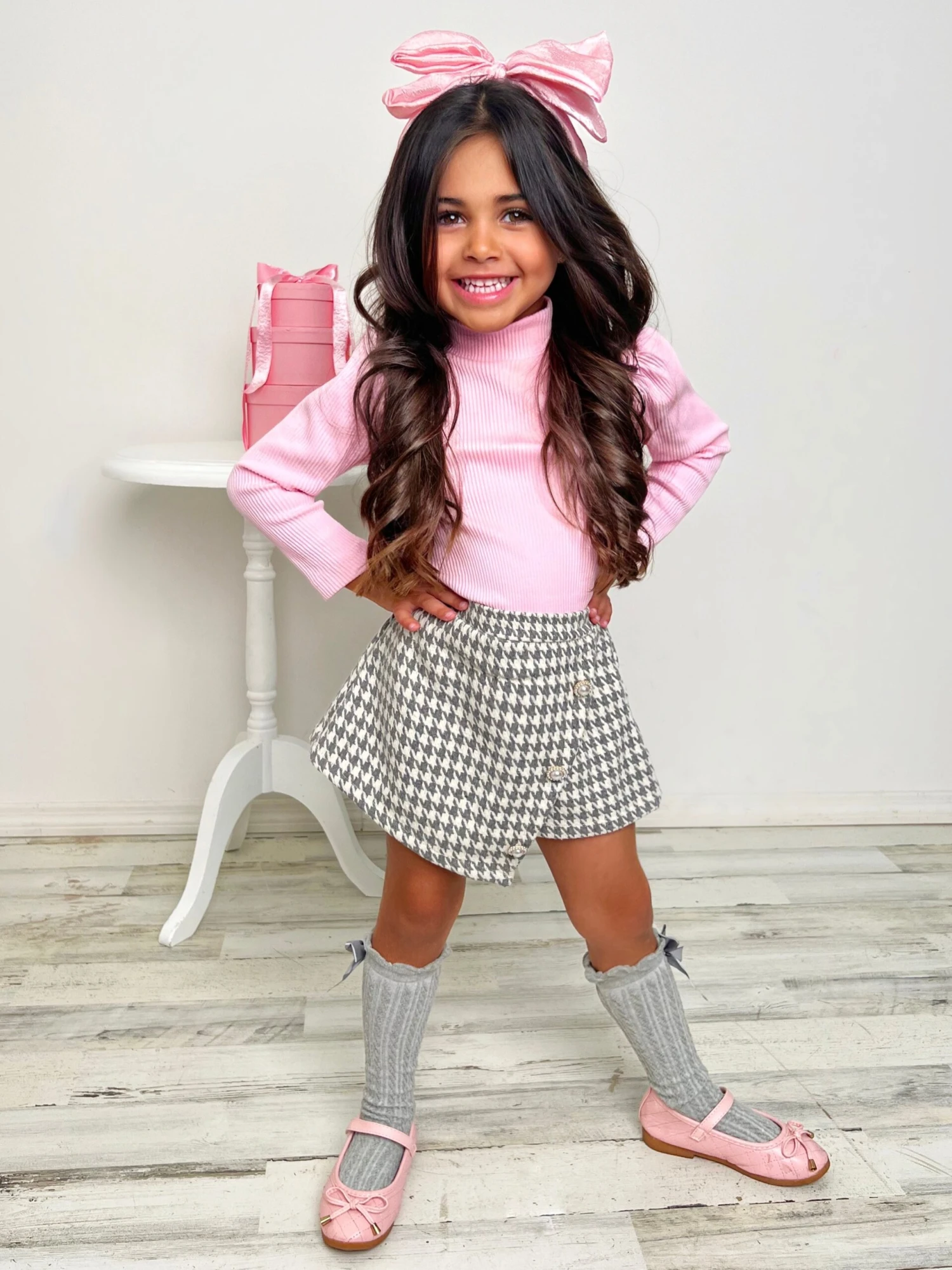 OOTD-Ready Pink Turtleneck Top & Houndstooth Skort Set 2 OOTD-Ready Pink Turtleneck Top & Houndstooth Skort Set - Image 2