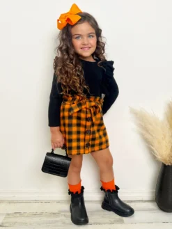 Feels Like Fall Ruffled Sweater & Checkered Skirt Set -Kid's Apparel Sales GFSEC013 Orange scaled