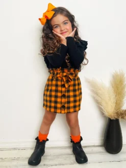 Feels Like Fall Ruffled Sweater & Checkered Skirt Set -Kid's Apparel Sales GFSEC013 Orange 2 scaled