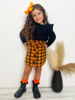 Feels Like Fall Ruffled Sweater & Checkered Skirt Set -Kid's Apparel Sales GFSEC013 Orange 3 scaled