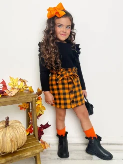 Feels Like Fall Ruffled Sweater & Checkered Skirt Set -Kid's Apparel Sales GFSEC013 Orange 4 scaled