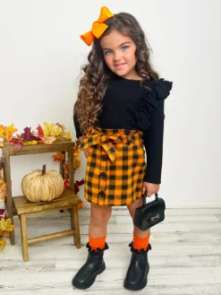 Feels Like Fall Ruffled Sweater & Checkered Skirt Set -Kid's Apparel Sales GFSEC013 Orange 5 scaled