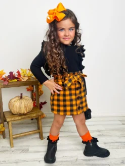 Feels Like Fall Ruffled Sweater & Checkered Skirt Set -Kid's Apparel Sales GFSEC013 Orange 6 scaled