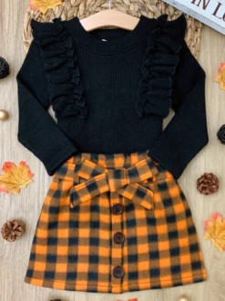 Feels Like Fall Ruffled Sweater & Checkered Skirt Set