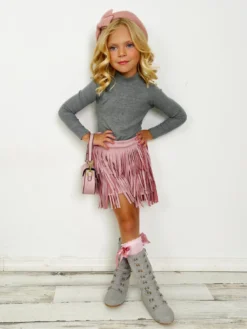 Boho Glam Rib Knit Top & Pink Fringe Suede Shorts -Kid's Apparel Sales GFSEC022 Pink 1 scaled