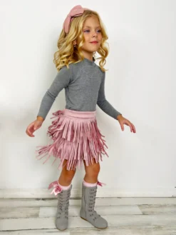 Boho Glam Rib Knit Top & Pink Fringe Suede Shorts -Kid's Apparel Sales GFSEC022 Pink 4 scaled