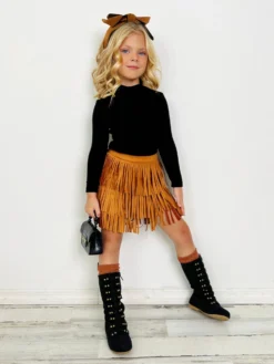 Boho Glam Rib Knit Top & Tan Fringe Suede Shorts -Kid's Apparel Sales GFSEC022 Tan scaled