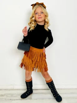 Boho Glam Rib Knit Top & Tan Fringe Suede Shorts -Kid's Apparel Sales GFSEC022 Tan 1 scaled