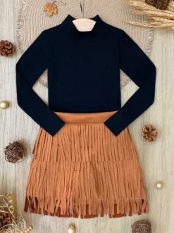 Boho Glam Rib Knit Top & Tan Fringe Suede Shorts -Kid's Apparel Sales GFSEC022 Tan 8c21692d 365c 4835 a3f7 553ea76f8c4a scaled