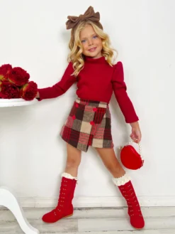 Picture Perfect Turtleneck Knit Sweater & Checkered Skort Set -Kid's Apparel Sales GFSEC027 Red 4 scaled