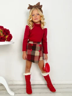 Picture Perfect Turtleneck Knit Sweater & Checkered Skort Set -Kid's Apparel Sales GFSEC027 Red 5 scaled