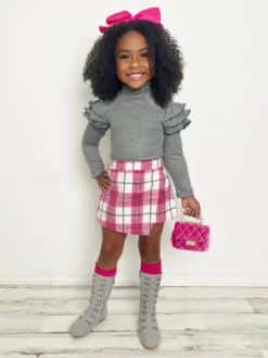 In Vogue Ruffle Sleeve Sweater & Checkered Skort Set -Kid's Apparel Sales GFSEC030 Fuchsia scaled