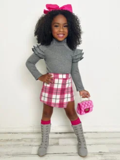 In Vogue Ruffle Sleeve Sweater & Checkered Skort Set