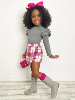 In Vogue Ruffle Sleeve Sweater & Checkered Skort Set -Kid's Apparel Sales GFSEC030 Fuchsia 8 scaled