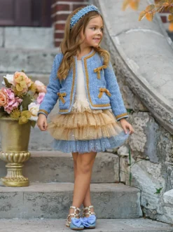 Hello Darling Blue Tweed Jacket & Tulle Skirt 12 Hello Darling Blue Tweed Jacket & Tulle Skirt -Kid's Apparel Sales GFSEC031 Blue 3