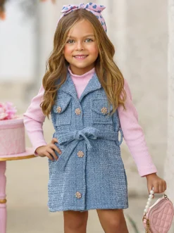 Forever Chic Pink Sweater & Belted Tweed Shacket Dress Set 10 Forever Chic Pink Sweater & Belted Tweed Shacket Dress Set -Kid's Apparel Sales GFSEC032 Blue 4