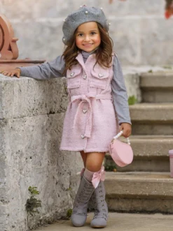 Forever Chic Grey Turtleneck & Belted Pink Tweed Shacket Dress Set -Kid's Apparel Sales GFSEC032 Pink