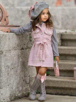 Forever Chic Grey Turtleneck & Belted Pink Tweed Shacket Dress Set -Kid's Apparel Sales GFSEC032 Pink 2