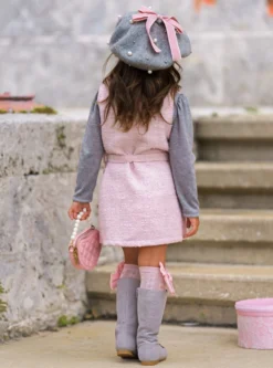 Forever Chic Grey Turtleneck & Belted Pink Tweed Shacket Dress Set -Kid's Apparel Sales GFSEC032 Pink 3