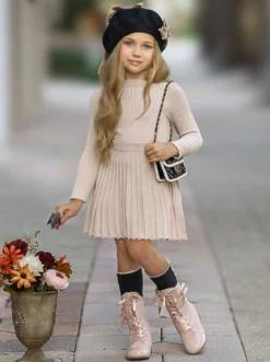 Prim & Proper Pleated Sweater Dress -Kid's Apparel Sales GHDRB006 Beige 2