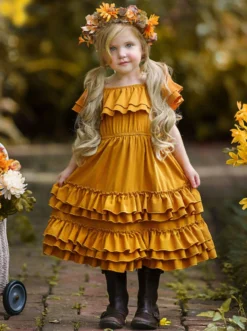 Marigold Sunset Tiered Ruffle Midi Dress -Kid's Apparel Sales GHDRB008 Yellow 1