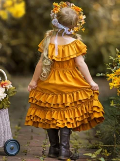 Marigold Sunset Tiered Ruffle Midi Dress -Kid's Apparel Sales GHDRB008 Yellow 4