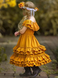 Marigold Sunset Tiered Ruffle Midi Dress -Kid's Apparel Sales GHDRB008 Yellow 5