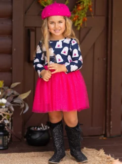 Boo-tiful Twirls Ghost Print Halloween Dress -Kid's Apparel Sales GHDRC001 Fuchsia 12 scaled