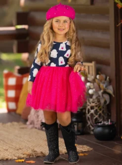 Boo-tiful Twirls Ghost Print Halloween Dress -Kid's Apparel Sales GHDRC001 Fuchsia 17 scaled