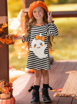 My Friendly Ghost Striped Halloween Dress -Kid's Apparel Sales GHDRC003 Black 10 scaled
