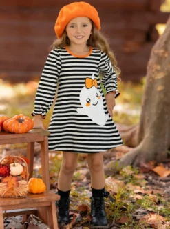 My Friendly Ghost Striped Halloween Dress -Kid's Apparel Sales GHDRC003 Black 4 scaled