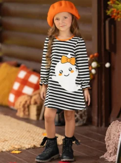 My Friendly Ghost Striped Halloween Dress -Kid's Apparel Sales GHDRC003 Black 7 scaled