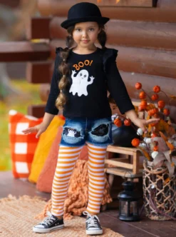 All Boo'd Up Top, Patched Denim Shorts, & Legging Set -Kid's Apparel Sales GHSEB014 Black 2 scaled