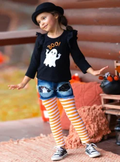 All Boo'd Up Top, Patched Denim Shorts, & Legging Set -Kid's Apparel Sales GHSEB014 Black 3 scaled
