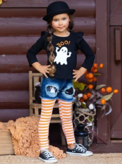 All Boo'd Up Top, Patched Denim Shorts, & Legging Set -Kid's Apparel Sales GHSEB014 Black 5 scaled