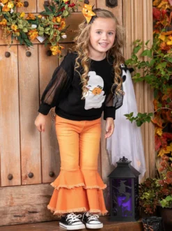 Haunting For Hugs Tulle Sleeve Top & Bell Bottom Jeans Set -Kid's Apparel Sales GHSEB022 Orange 10