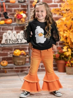 Haunting For Hugs Tulle Sleeve Top & Bell Bottom Jeans Set -Kid's Apparel Sales GHSEB022 Orange 7 scaled