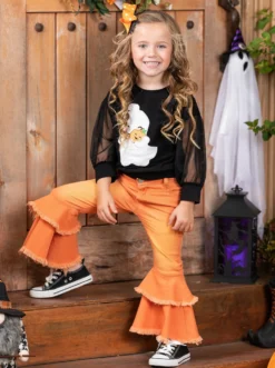 Haunting For Hugs Tulle Sleeve Top & Bell Bottom Jeans Set -Kid's Apparel Sales GHSEB022 Orange 9