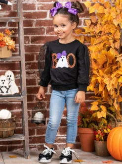 Polka Dot Boos Tulle Sleeve Sweater 15 Polka Dot Boos Tulle Sleeve Sweater -Kid's Apparel Sales GHSEB024 Black 7
