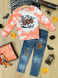 You Are BOOtiful Tie Dye Pullover & Patched Jeans Set
