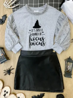 Bunch Of Hocus Pocus Sweater & Vegan Leather Skirt Set -Kid's Apparel Sales GHSEB027 Grey scaled
