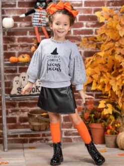 Bunch Of Hocus Pocus Sweater & Vegan Leather Skirt Set -Kid's Apparel Sales GHSEB027 Grey 4
